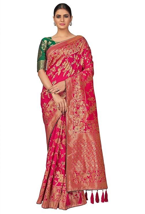Monjolika Fashion Womens Banarasi Silk Blend Woven Zari With Tussles Saree