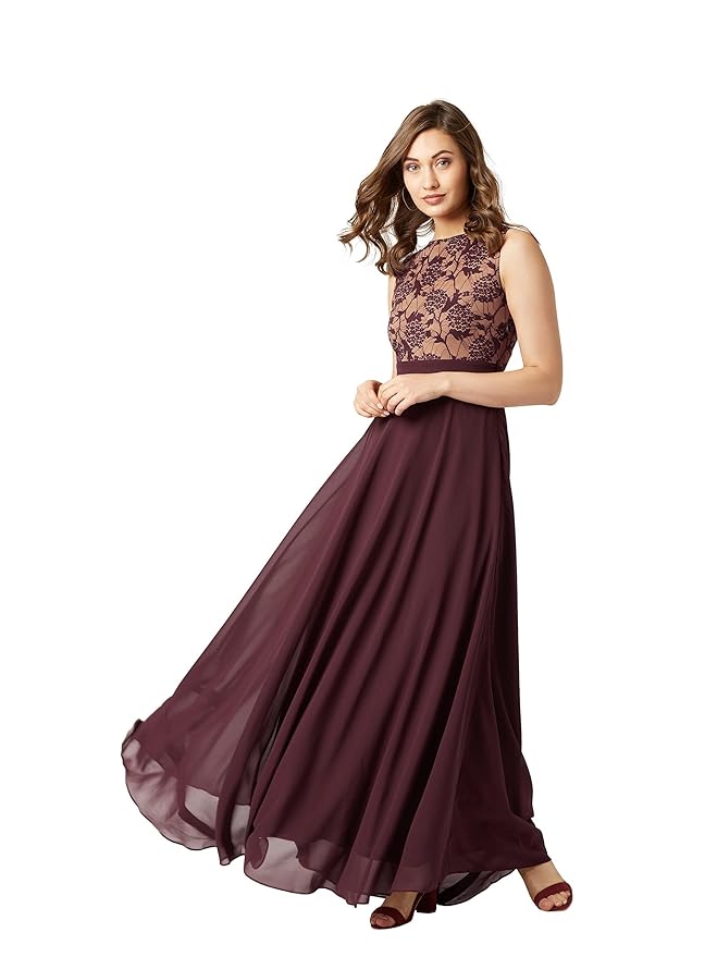 Miss Chase Womens Brick Red Dusty Green Boat Neck Sleeveless Self Design Lace Overlaid Regular Dress1